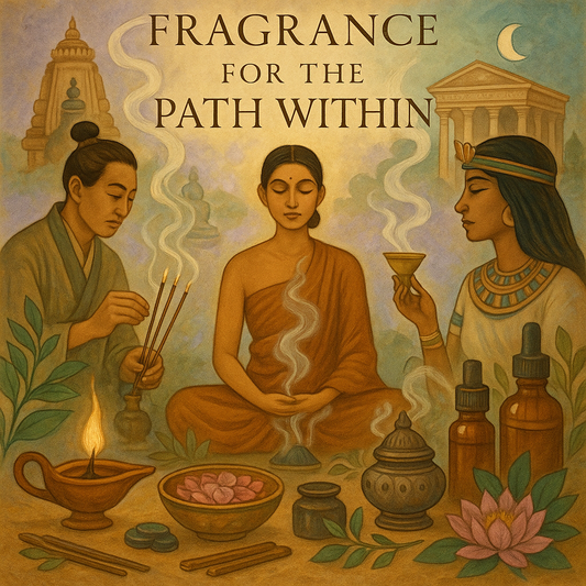 arious Ulooka essential oil bottles and incense sticks arranged around a lit scented candle, representing mindful living and spiritual well-being.