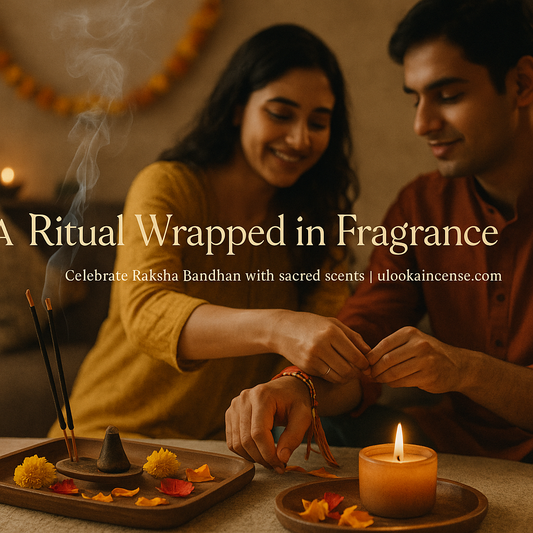 Brother and sister celebrating Raksha Bandhan with traditional rituals and Ulooka incense products placed beside Rakhi and sweets