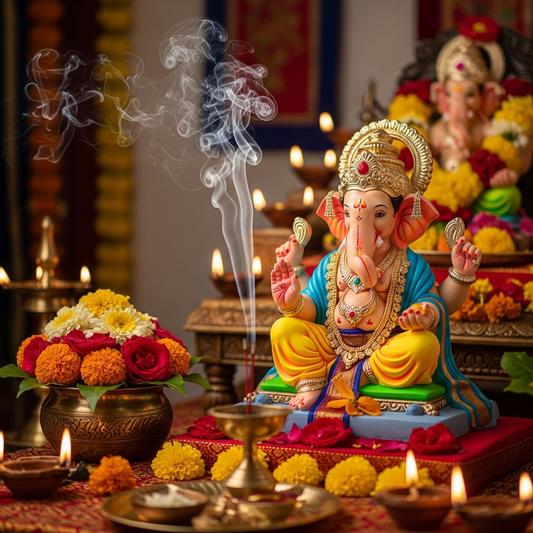 Ganesh Chaturthi celebrations with Ganesh idol, incense sticks, and flowers.